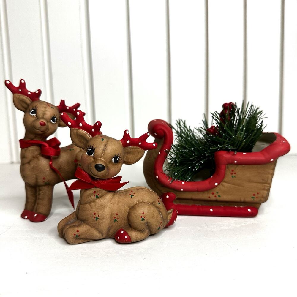VTG 80’s Kimple Ceramic Quilted Christmas Reindeer Sleigh 3 Pc Set 5” Kitschy